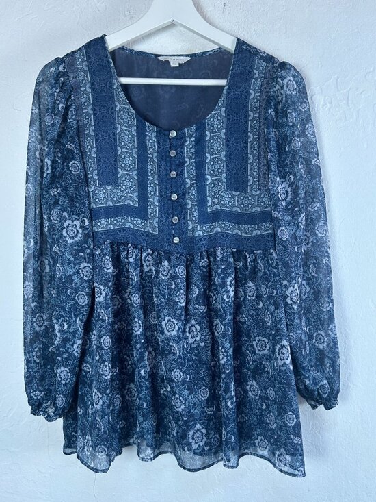 Lucky Brand Tops - Lucky Brand Womens Blue Floral Boho Sheer Long Sleeve Tunic Top Medium Casual